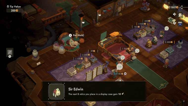 The shop interior during a trading day with relics on showcases and a special customer dialogue